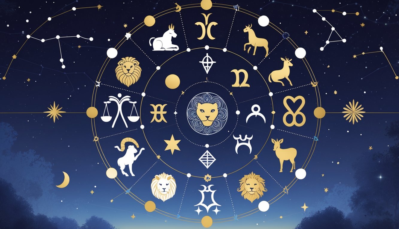 A circular arrangement of the 12 zodiac signs, each shown with its symbol and related animal or figure, set against a starry night sky with glowing constellations.