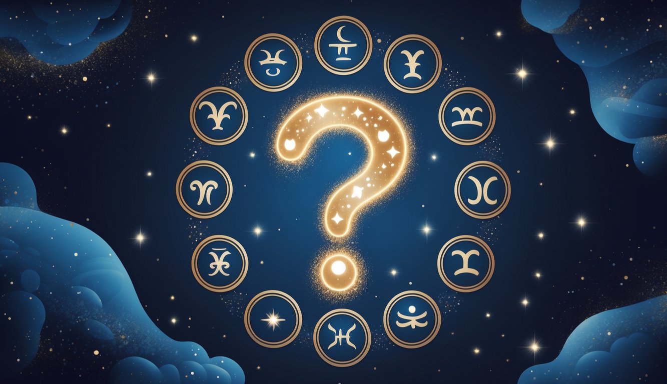 A circular arrangement of twelve zodiac symbols surrounding a glowing question mark against a starry night sky background.