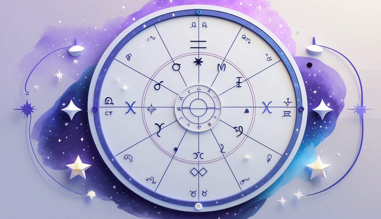 A detailed circular birth chart with astrological symbols and celestial decorations on a cosmic background.