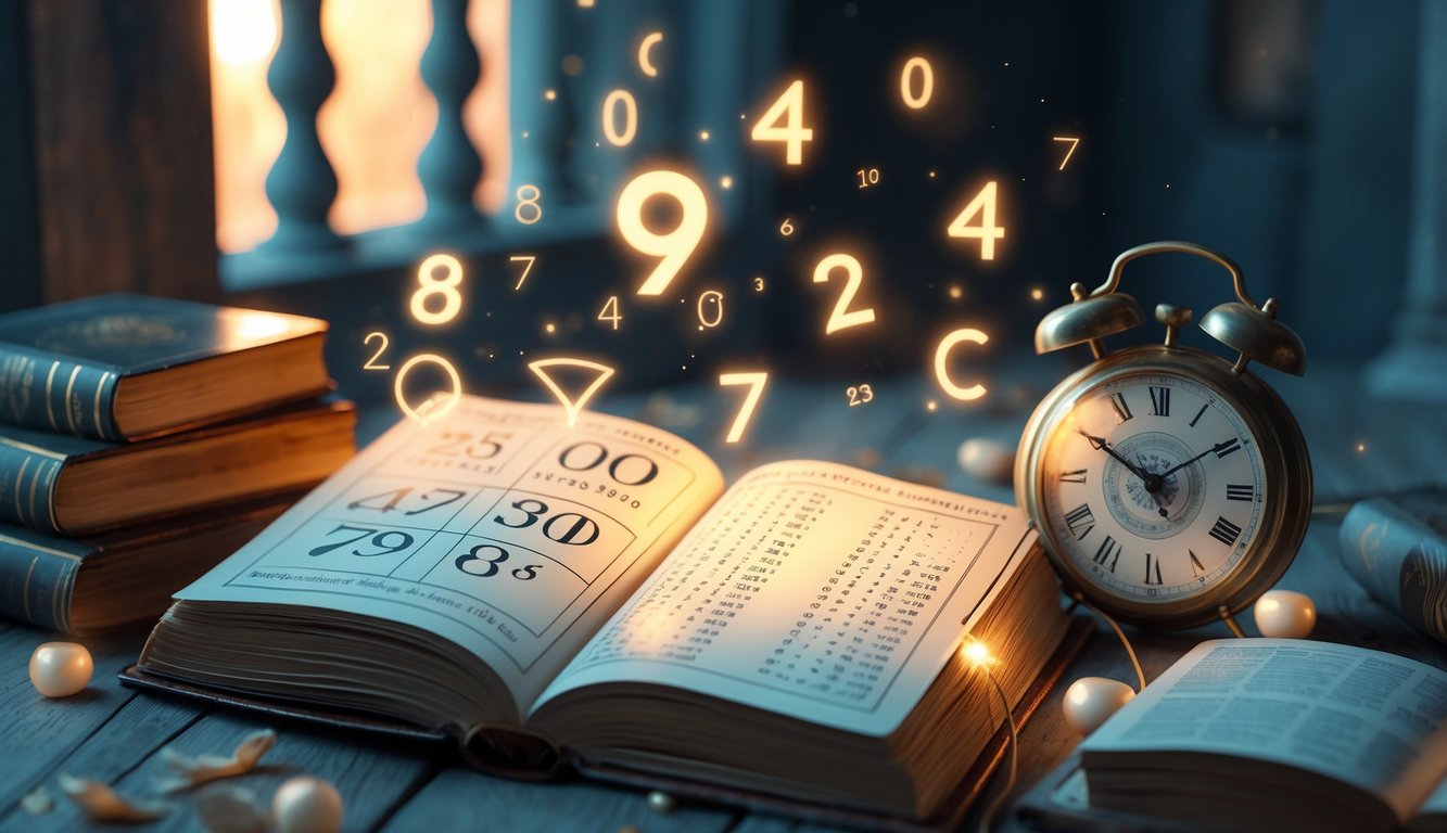 An open ancient book with numerical symbols and charts next to a vintage clock showing a specific time, surrounded by glowing numbers and astrological symbols in a softly lit setting.