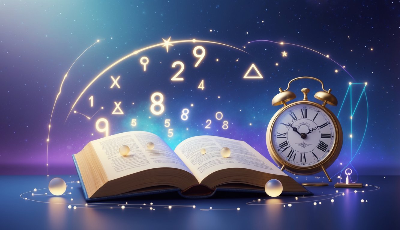 An open ancient book with glowing numbers and astrological symbols next to an ornate clock showing a specific time, set against a starry night sky with mystical geometric shapes.