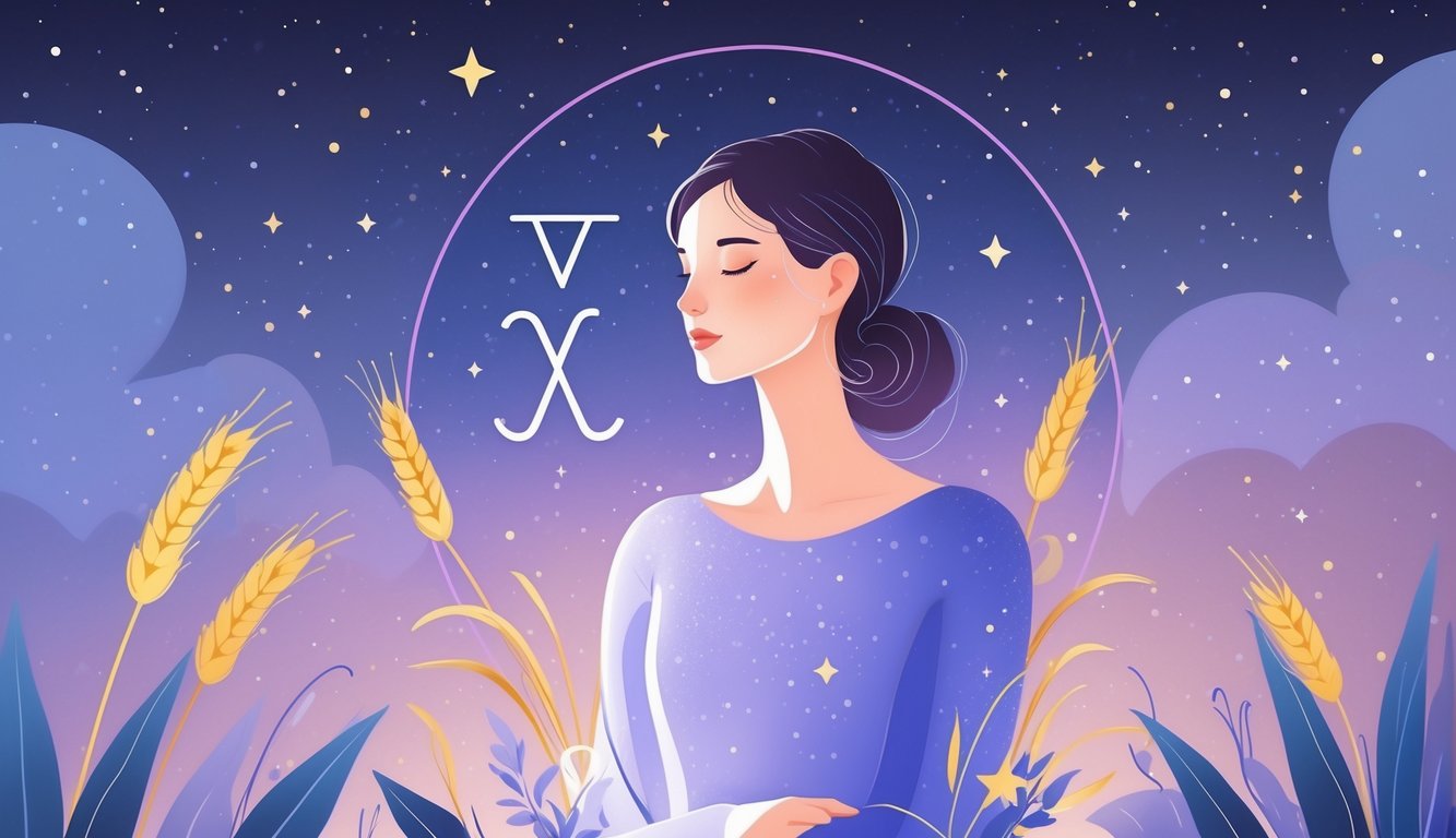 A calm woman surrounded by wheat and stars under a night sky, symbolizing the Virgo zodiac sign.
