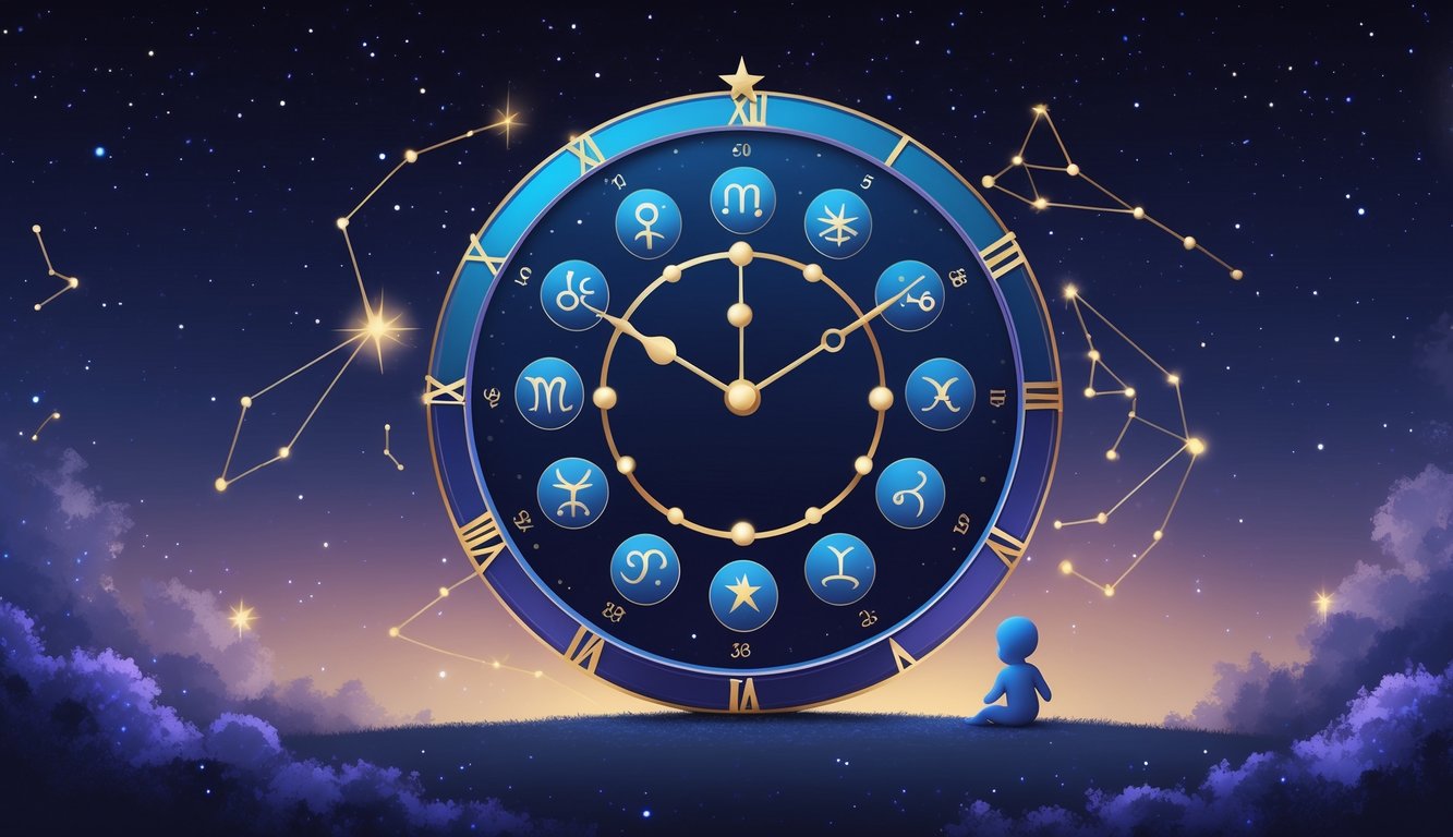 A celestial clock with zodiac symbols and constellations in a night sky, showing the connection between birth time and star signs.