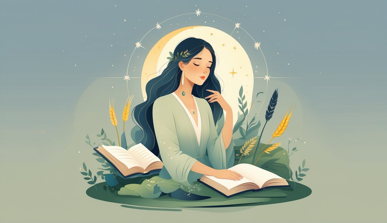 A thoughtful young woman surrounded by subtle celestial symbols and natural elements like wheat and an open book, conveying calm reflection and insight.