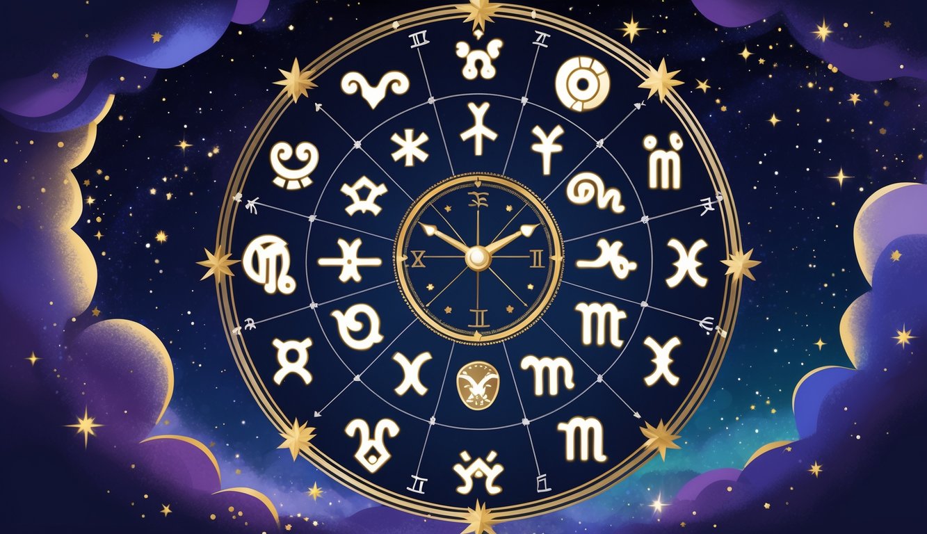 A circular arrangement of the 12 Zodiac signs with their symbols and constellations around a central clock representing birth time, set against a starry night sky.