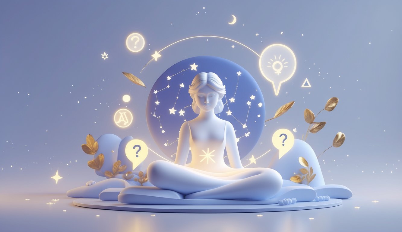 A serene female figure representing Virgo surrounded by stars and the Virgo constellation with abstract question and answer icons floating around her against a calm night sky background.