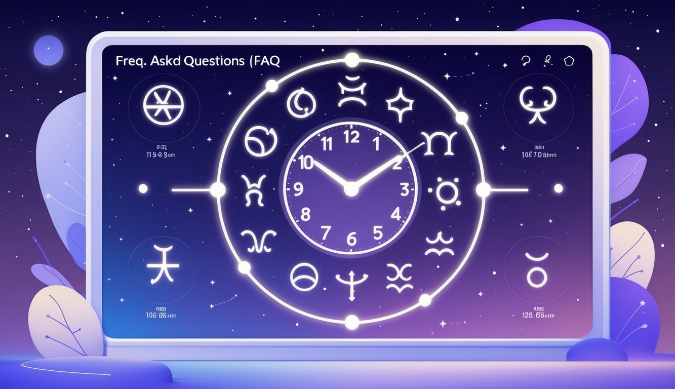An illustration showing zodiac symbols arranged around a clock face with celestial elements like stars and constellations in the background.