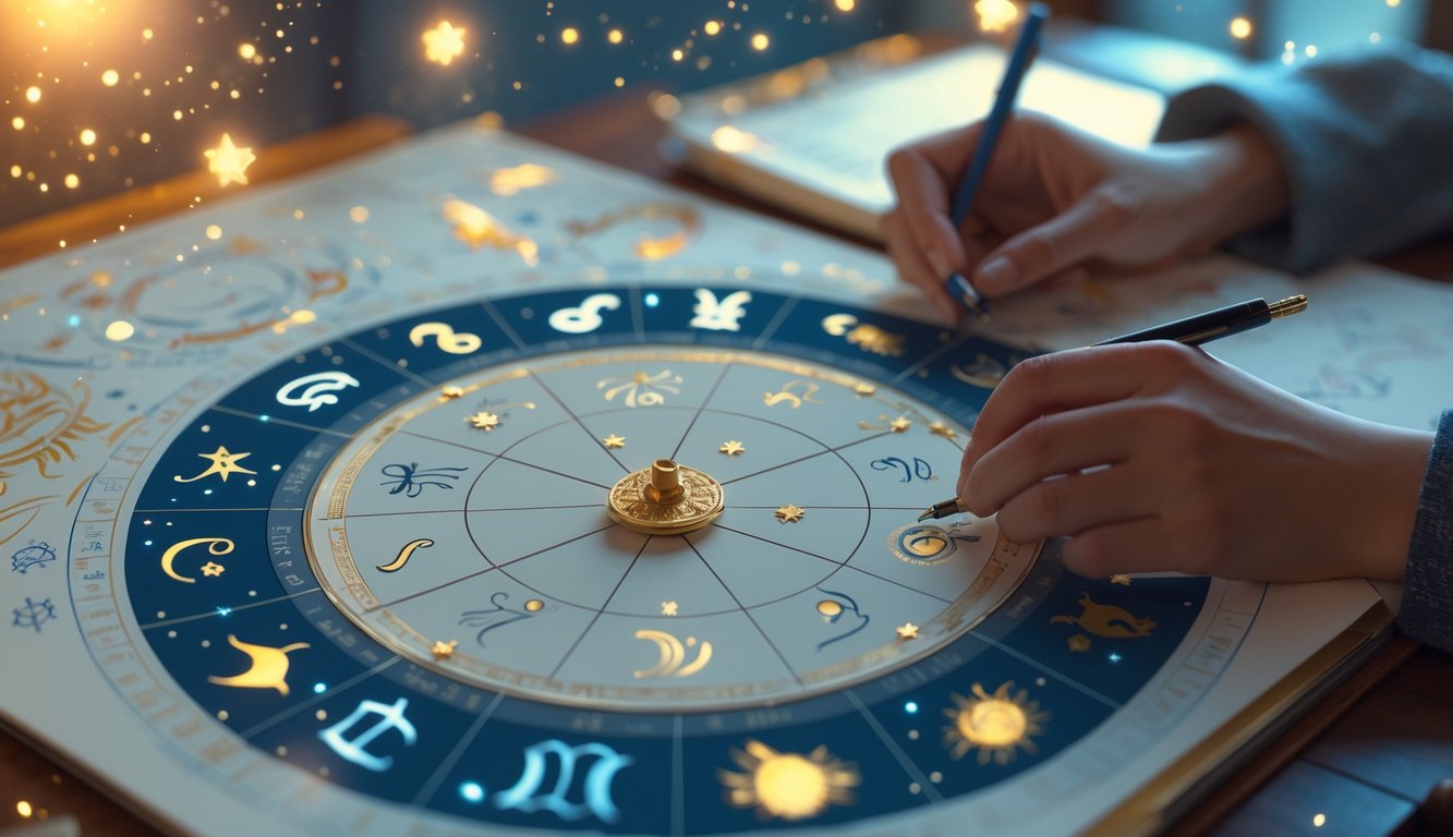 A person examining a detailed astrological birth chart on a desk with zodiac symbols and stars surrounding it.