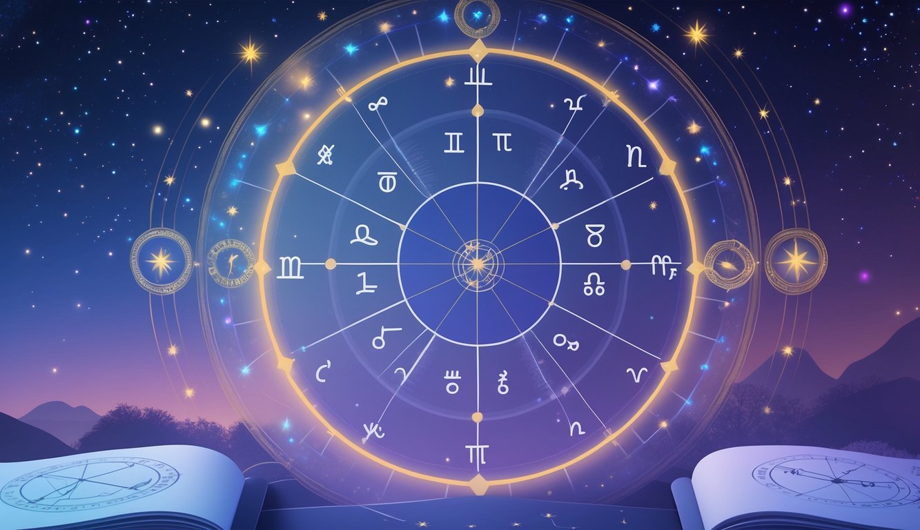 A circular astrological birth chart wheel with zodiac symbols, surrounded by stars and planets, set against a starry sky background with an open book showing astrology diagrams nearby.