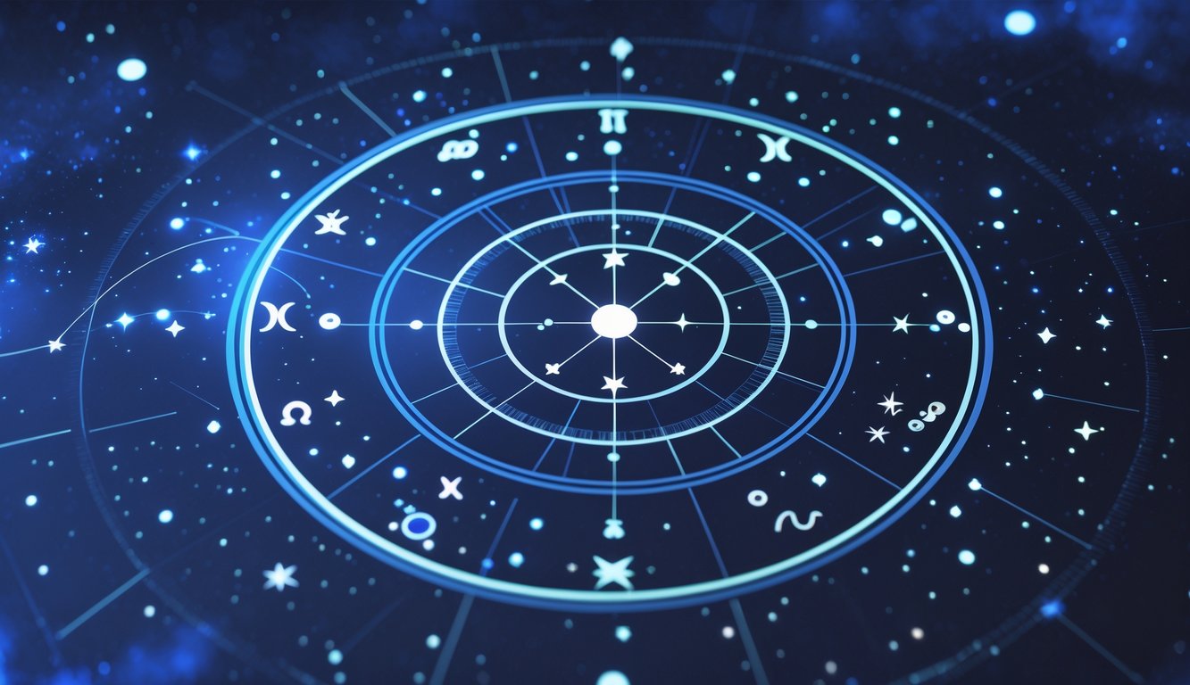 A circular birth chart showing zodiac signs, star patterns, and planetary symbols connected by glowing lines on a dark blue starry background.