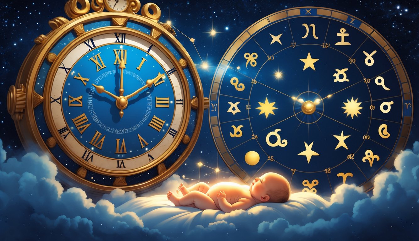 A newborn baby is cradled in front of a large clock surrounded by a zodiac wheel with star sign symbols, set against a starry night sky.