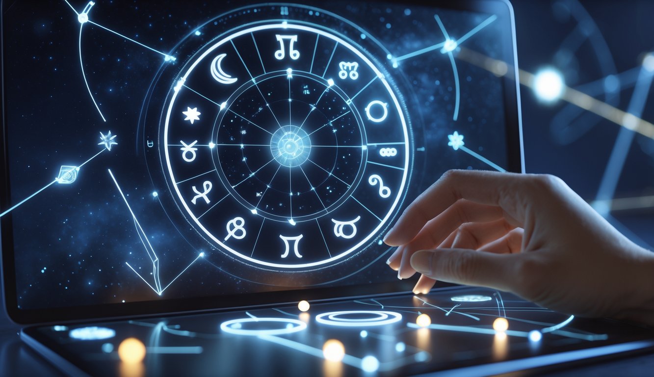 A digital astrological chart with zodiac signs and planets arranged on a circular wheel, with a hand interacting with the display against a cosmic background.