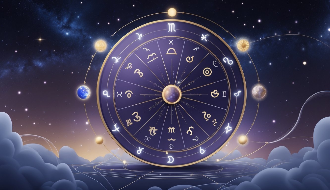 A celestial scene showing a large zodiac wheel surrounded by orbiting planets and astrological symbols against a starry sky.