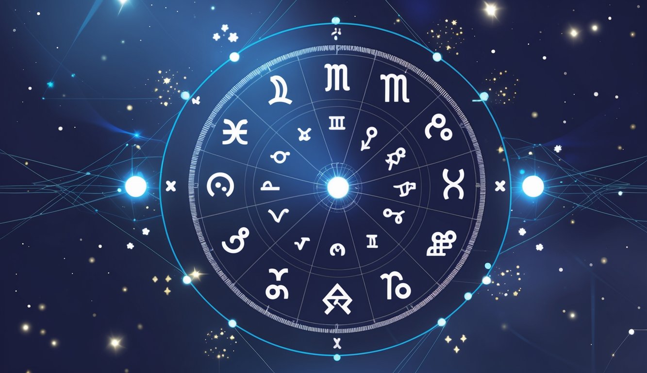 An astrological chart with zodiac signs and planetary lines surrounded by cosmic symbols and stars.