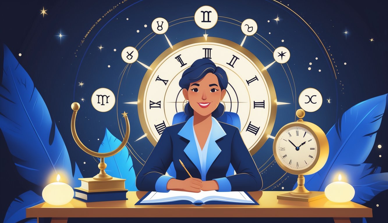 An astrologer sitting at a desk with zodiac symbols and a celestial clock in the background.