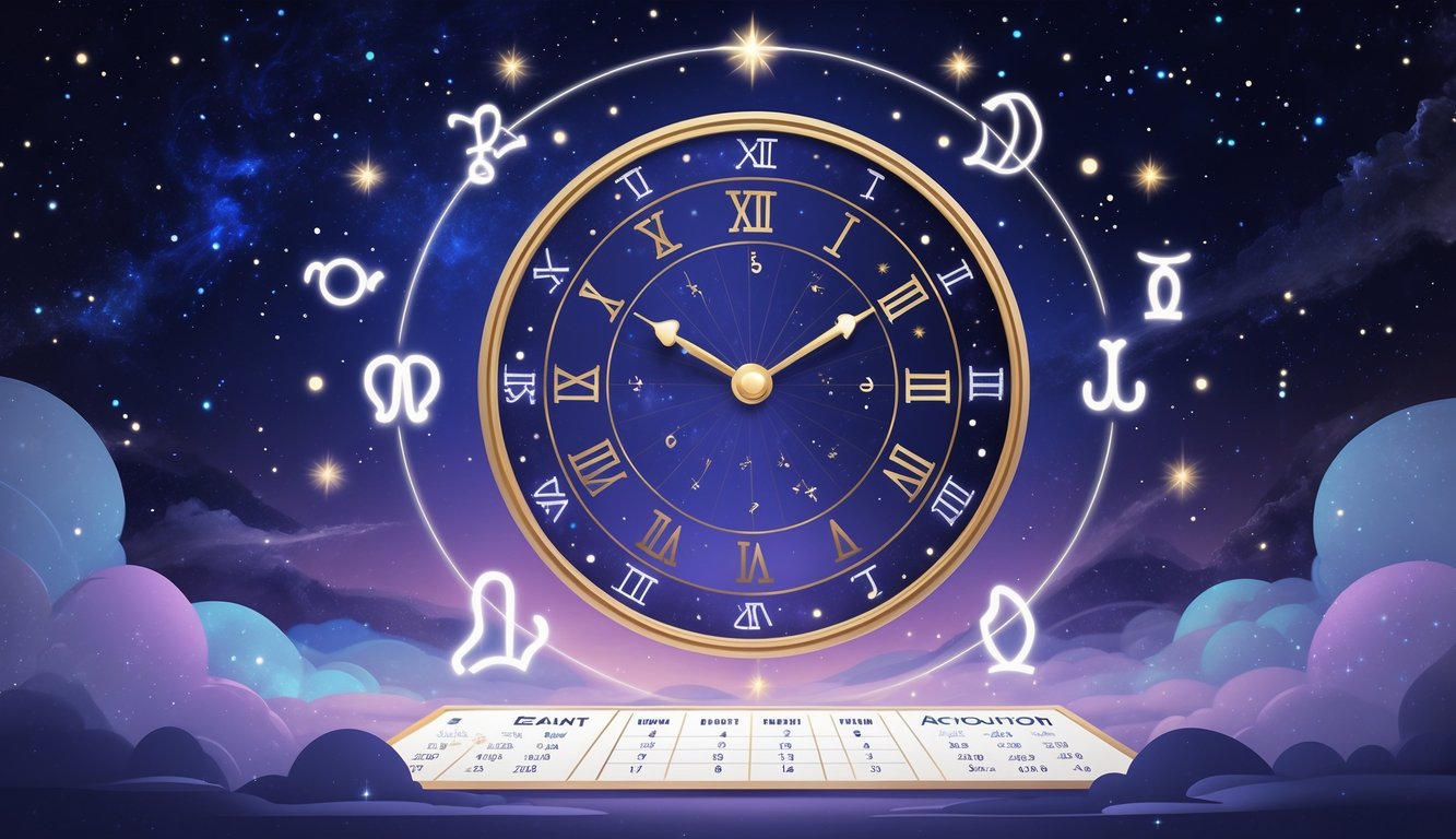 A celestial scene showing a starry sky with zodiac symbols surrounding an astrological chart, a clock, and a calendar page, illustrating the connection between birth date, time, and astrology.