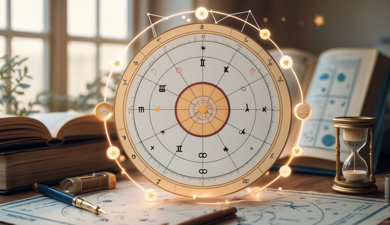 An open astrological birth chart wheel with zodiac signs and planetary symbols, surrounded by a desk with an astrological book, quill pen, and hourglass.