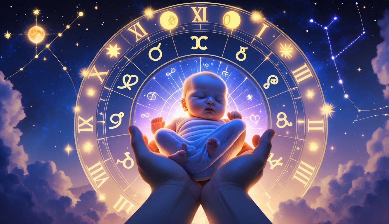 A newborn baby held in adult hands surrounded by a glowing astrological chart with zodiac signs, stars, planets, and clock elements against a cosmic sky background.