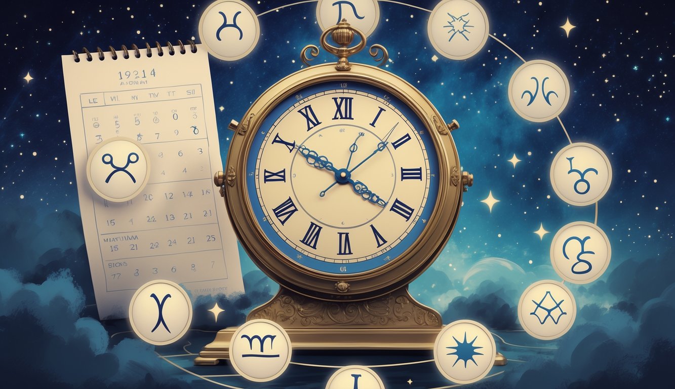 An illustration showing a starry sky with zodiac symbols arranged around a clock and a calendar page indicating a birth date.