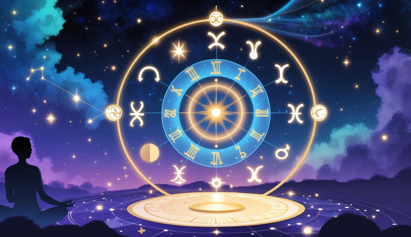 A glowing astrological birth chart surrounded by zodiac symbols and celestial elements with a meditating human figure connected to the chart by light rays.