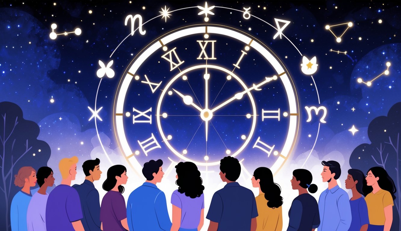 A group of people looking at a glowing celestial clock surrounded by zodiac signs and constellations in a starry night sky.