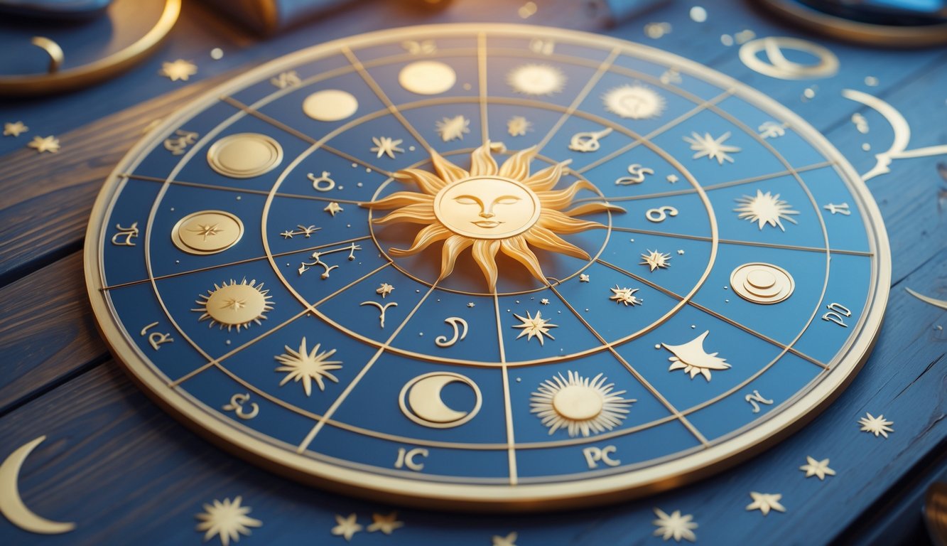 An astrology chart with zodiac symbols and planetary icons arranged in a circular layout on a wooden table, surrounded by faint stars.