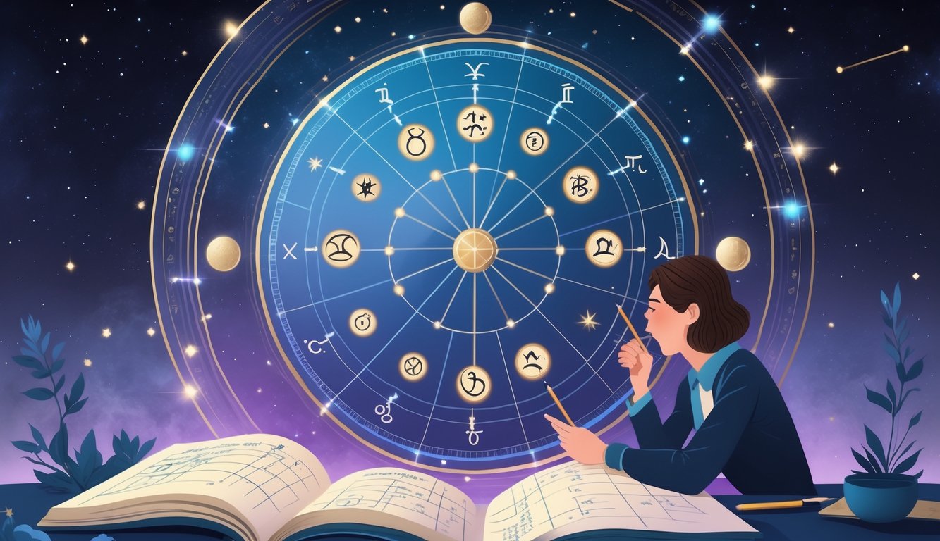 A person analyzing a detailed astrology chart with zodiac signs and planetary symbols, surrounded by celestial elements and notes.