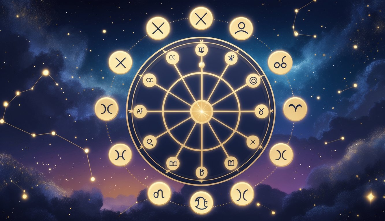 An astrology chart surrounded by symbols of the twelve zodiac signs set against a starry night sky.