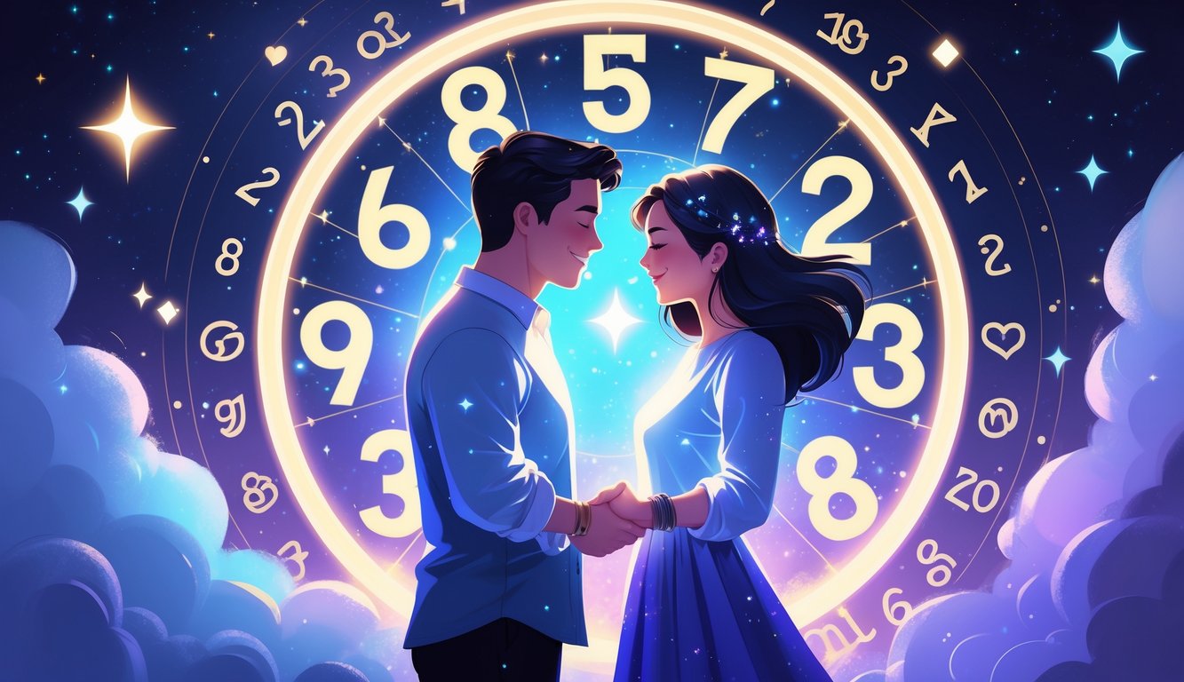 A couple holding hands surrounded by glowing numbers and a cosmic background symbolizing the influence of numerology on love and relationships.