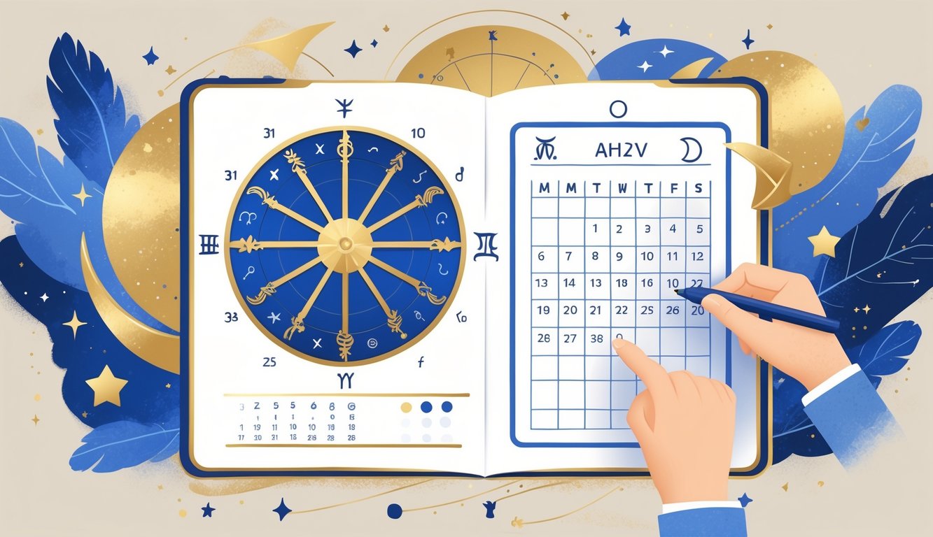 A person calculating a birth chart using a zodiac wheel and a calendar showing a birth date, with astrological symbols and celestial motifs around them.
