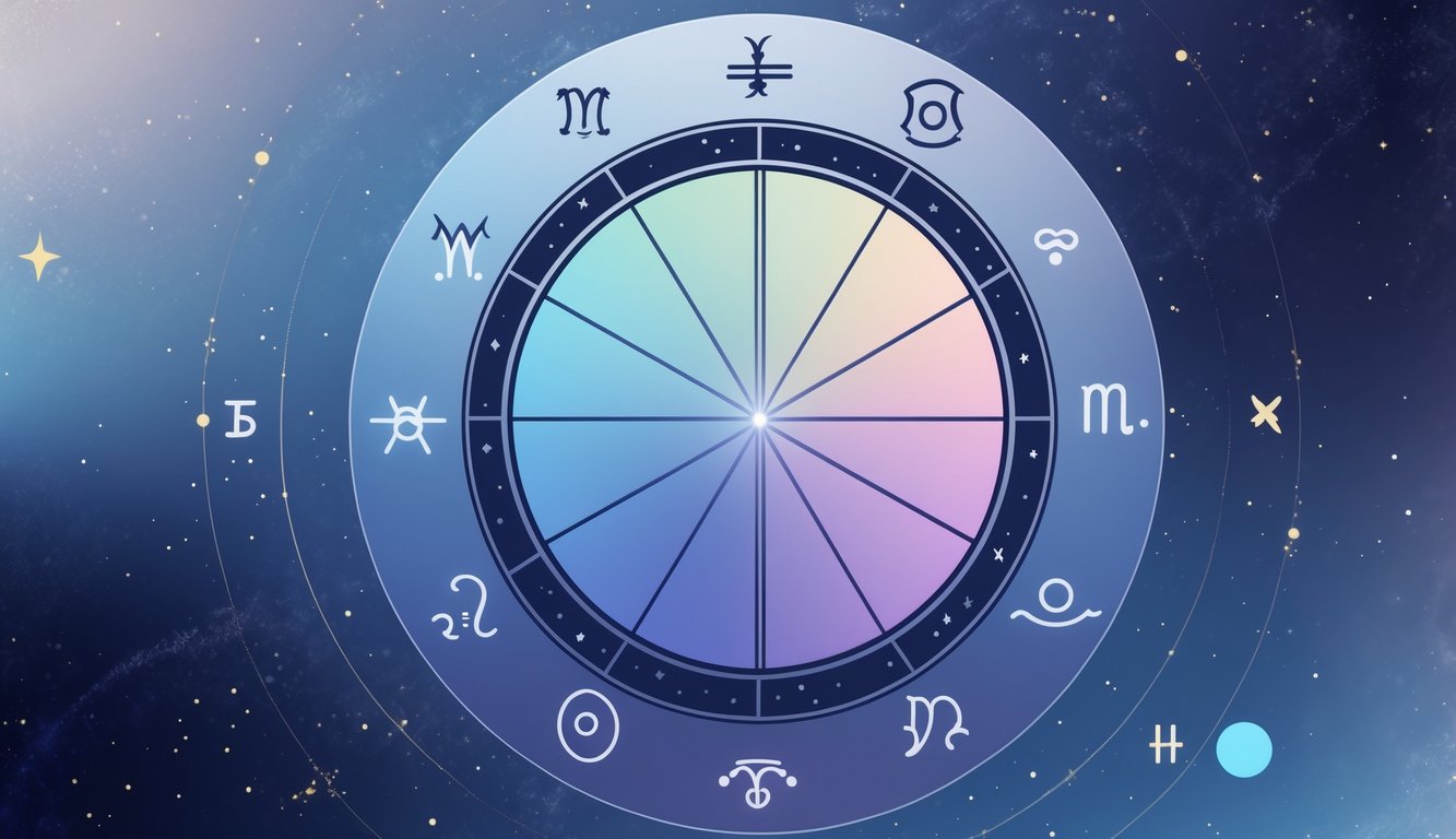 A circular astrological birth chart with zodiac signs and planetary symbols arranged around it against a starry night sky background.