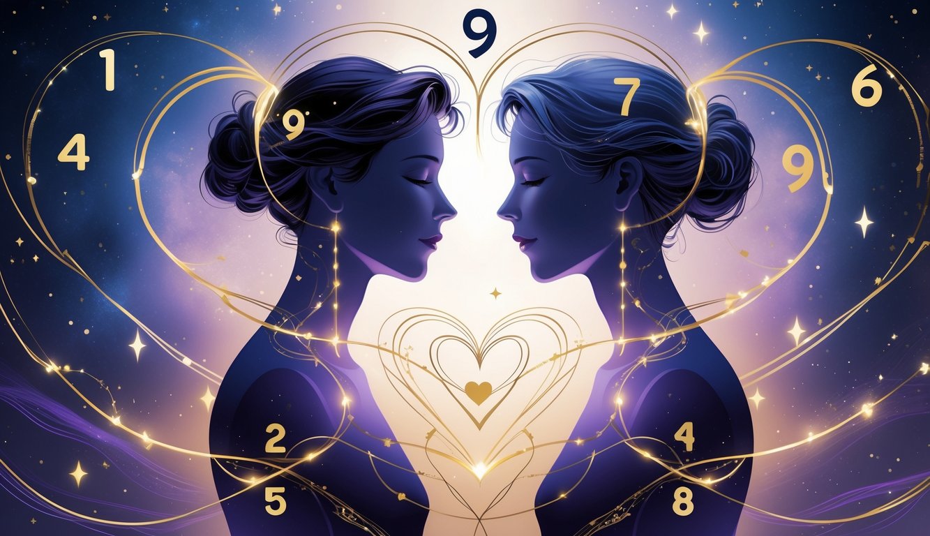 Two human figures facing each other surrounded by glowing numbers and intertwined golden lines forming heart shapes, set against a cosmic background.