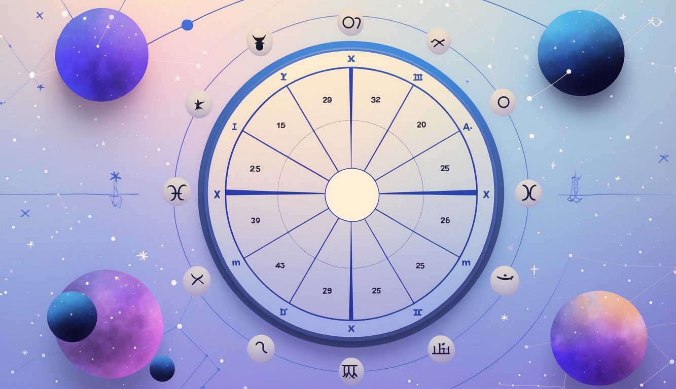 A circular astrological birth chart showing twelve zodiac segments with planets and constellation lines around it on a cosmic background.