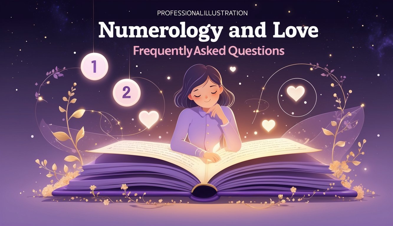 A person studying an open book with glowing numbers and heart symbols floating above it, surrounded by geometric shapes and flowers in a cosmic, starry background.