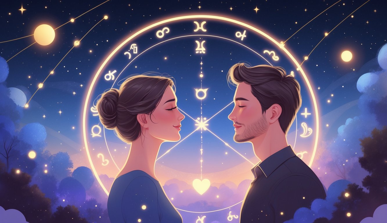 Two people facing each other surrounded by a glowing astrological chart with zodiac symbols and stars in the background, symbolizing personal insights and relationship compatibility.