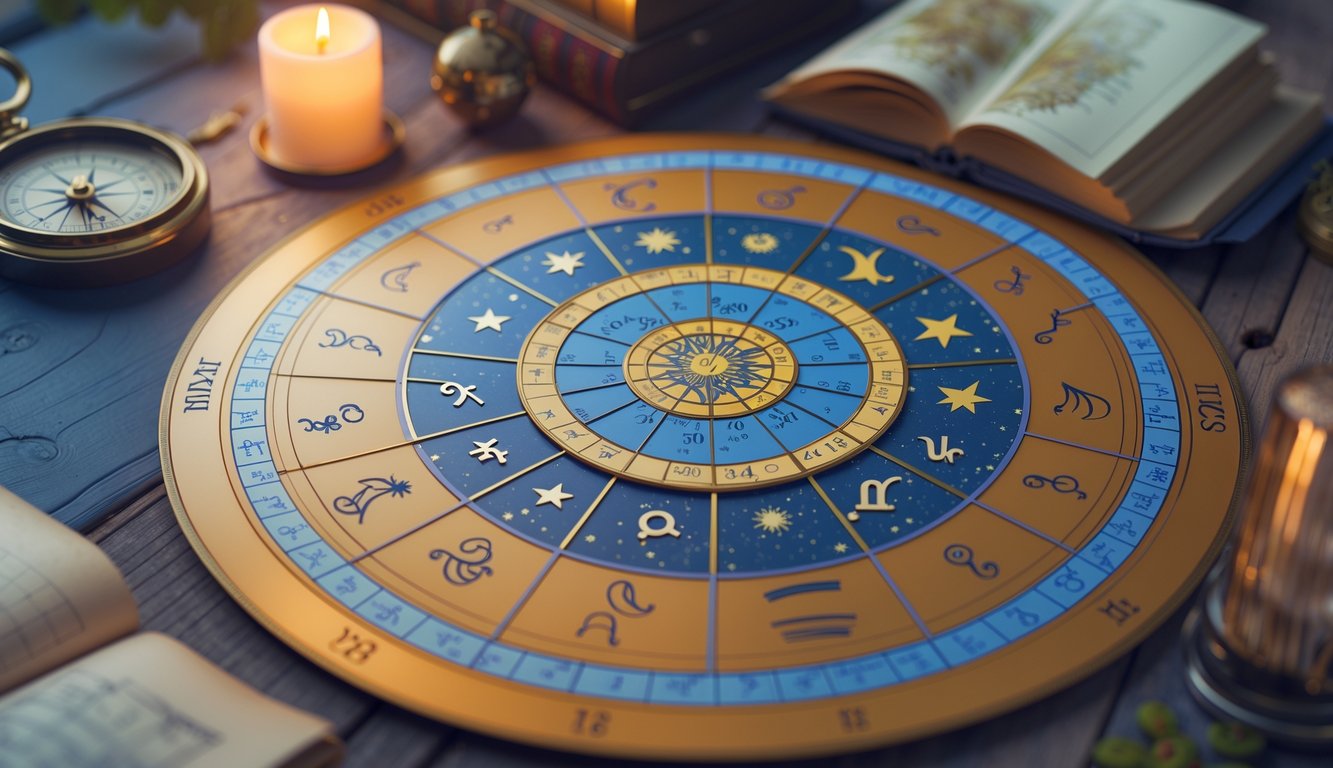 A circular astrological birth chart with zodiac symbols and planetary glyphs laid out on a wooden table surrounded by a compass, star map book, and a glowing candle.