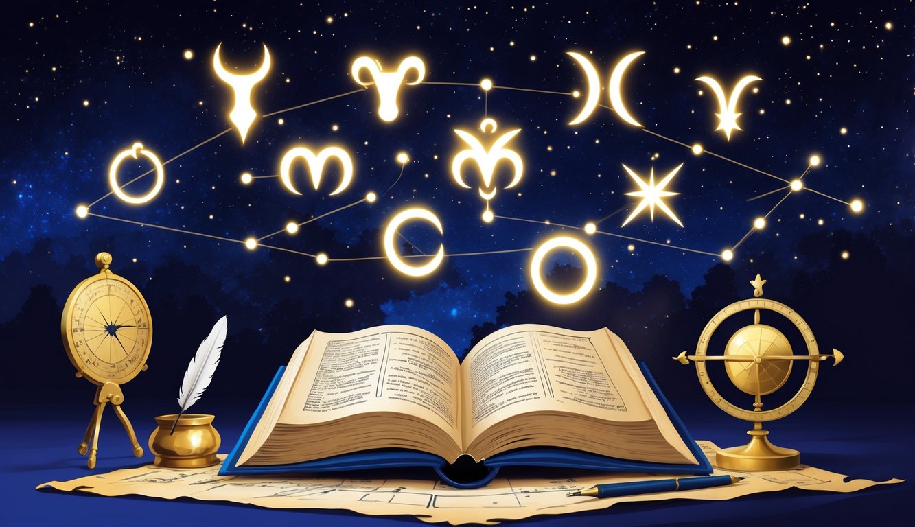 An open ancient book with glowing zodiac symbols floating above it, surrounded by astrological tools and a starry night sky background.