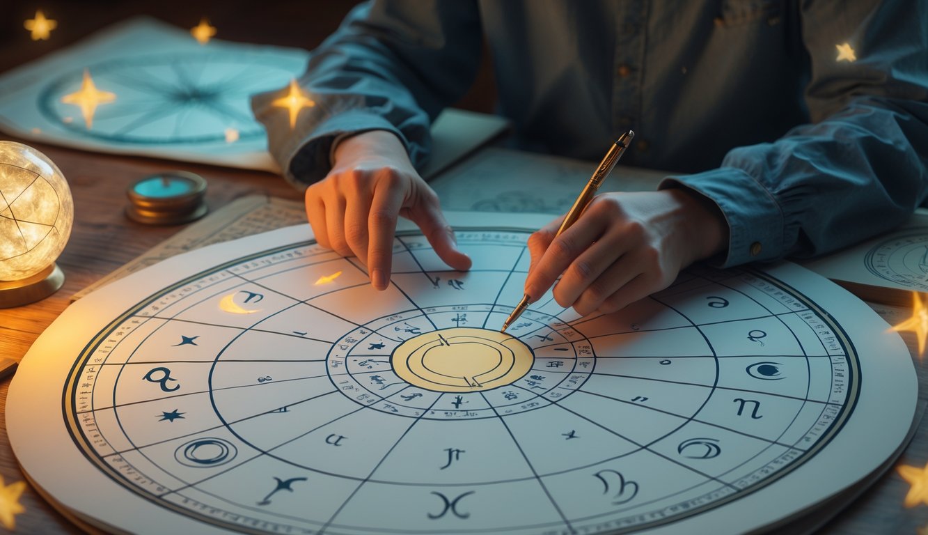 A person sitting at a desk examining a circular birth chart with zodiac symbols, surrounded by astrology-related objects like a crystal ball and star maps.