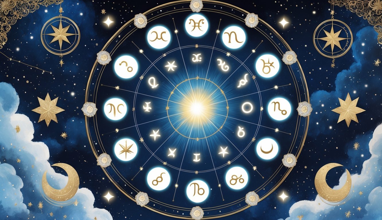 A circular arrangement of the twelve zodiac symbols and constellations glowing against a starry night sky, with a glowing orb in the center surrounded by celestial decorations.