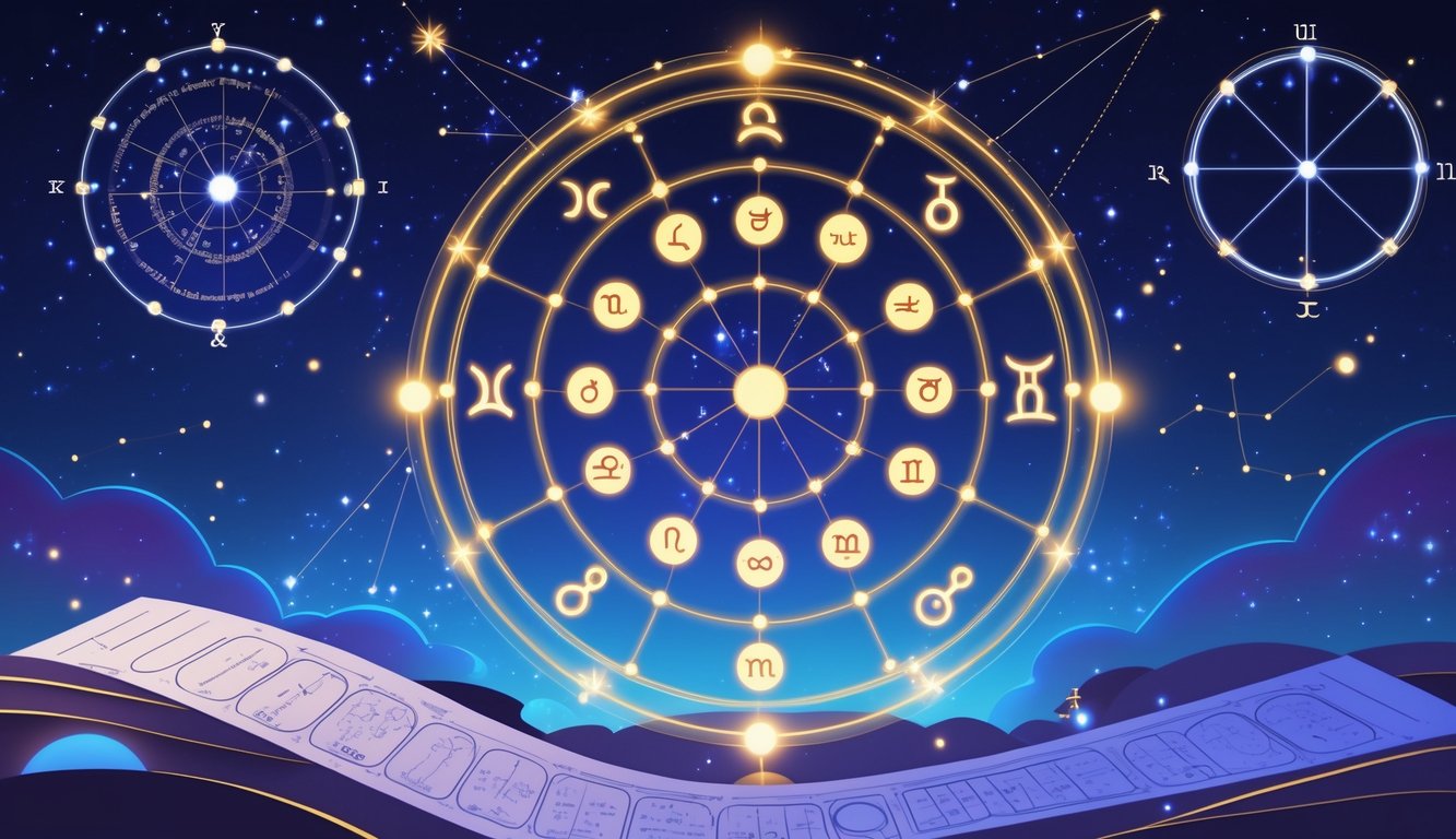An illustration of a zodiac wheel with all twelve signs surrounded by glowing lines and celestial symbols against a starry night sky, with an open book showing astrological diagrams nearby.