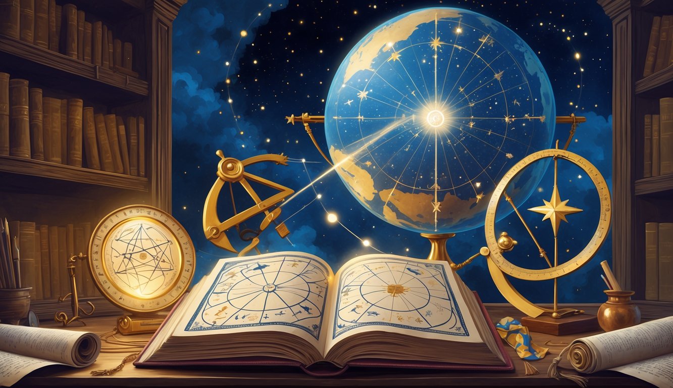 A study desk with an open ancient book showing star charts, surrounded by astrological tools like an astrolabe and a crystal orb, set against a starry sky with a celestial globe in the background.