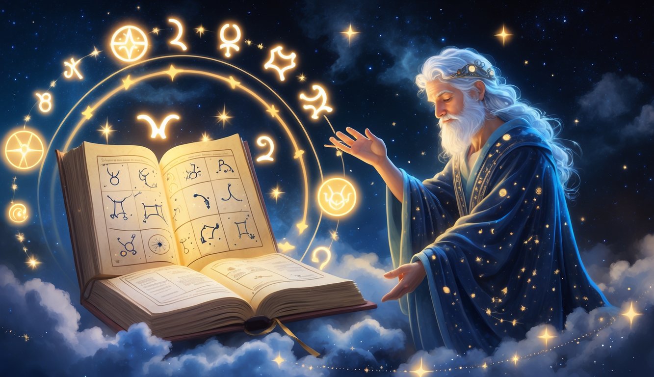 A serene figure in star-adorned robes gestures toward an open ancient book surrounded by glowing zodiac symbols and celestial charts under a starry night sky.