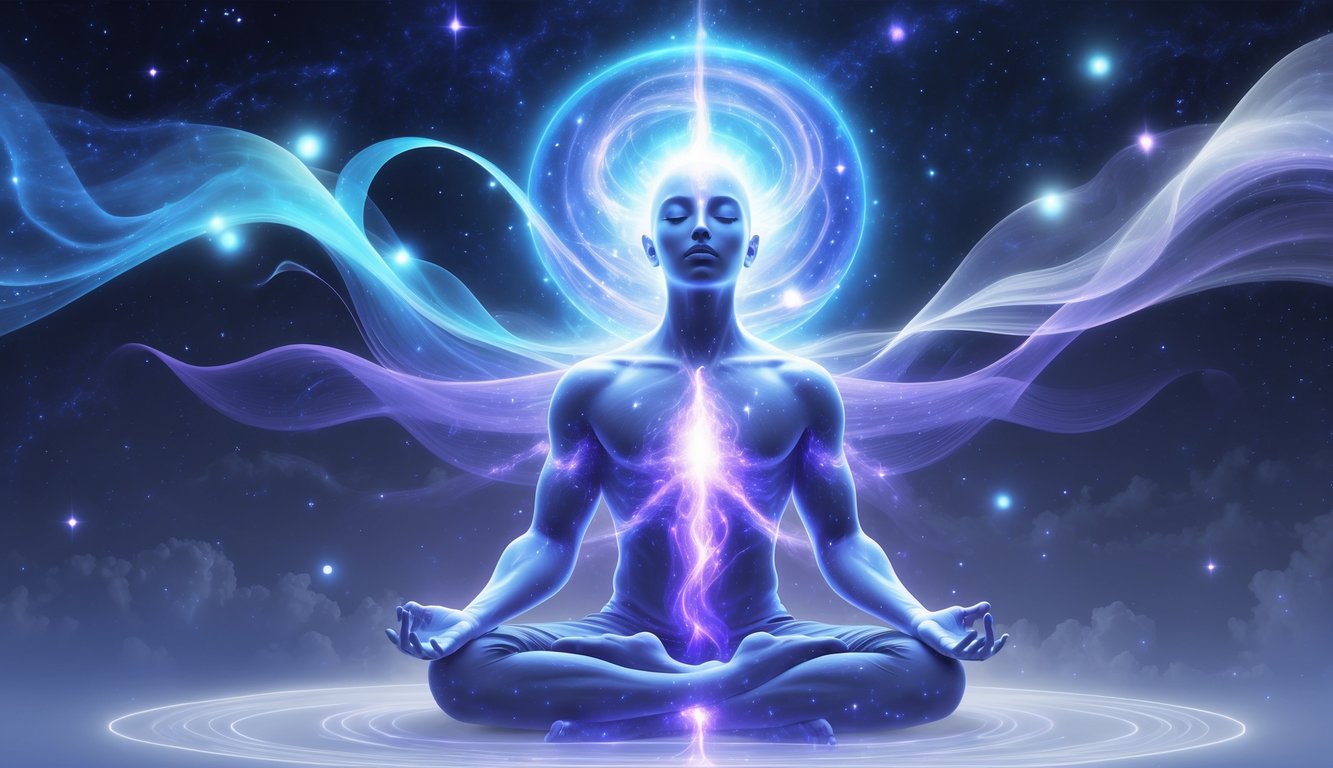 A person meditating surrounded by glowing, swirling energy waves against a starry cosmic background.