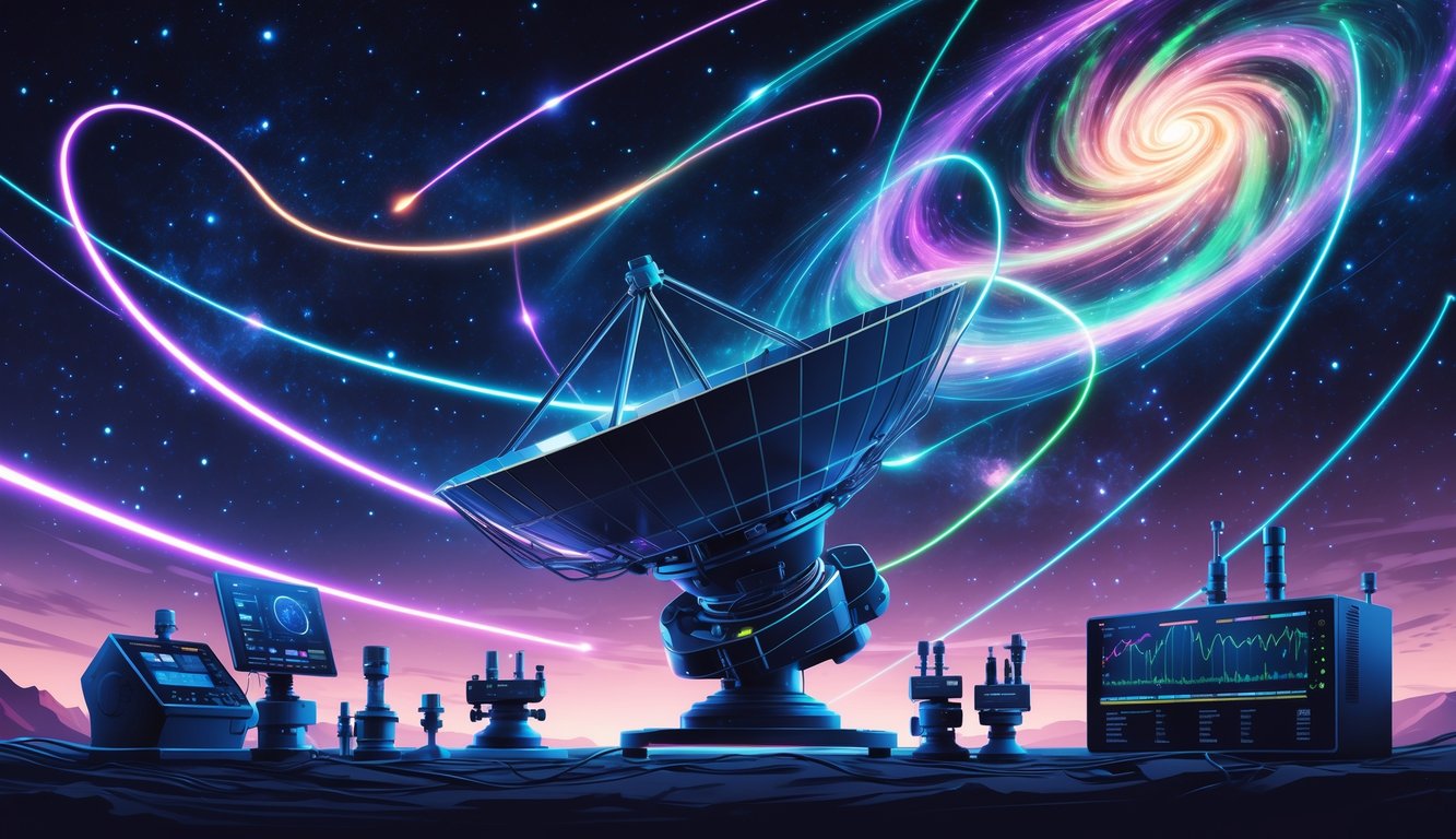 A night scene showing a large radio telescope array under a starry sky with colorful magnetic field lines swirling through space, a spiral galaxy in the background emitting magnetic waves, and scientific instruments nearby measuring cosmic magnetism.