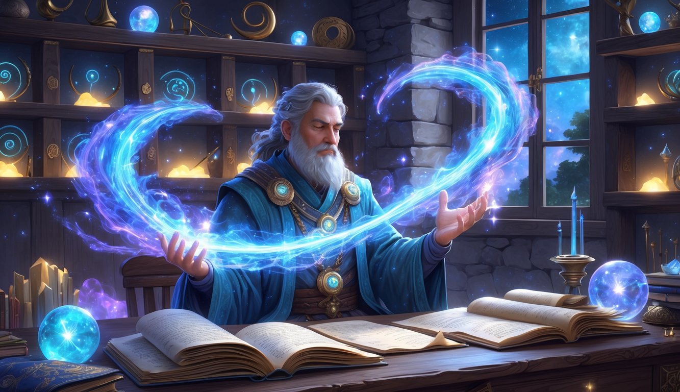 A scholar in an ancient study channeling glowing blue and violet astral energy from their hands, surrounded by mystical artifacts and starry light.