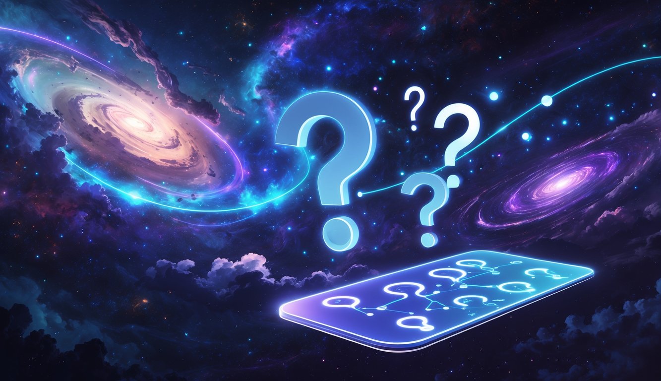 A cosmic scene showing galaxies and stars with glowing magnetic field lines and a futuristic holographic interface with question symbols and nodes floating in space.