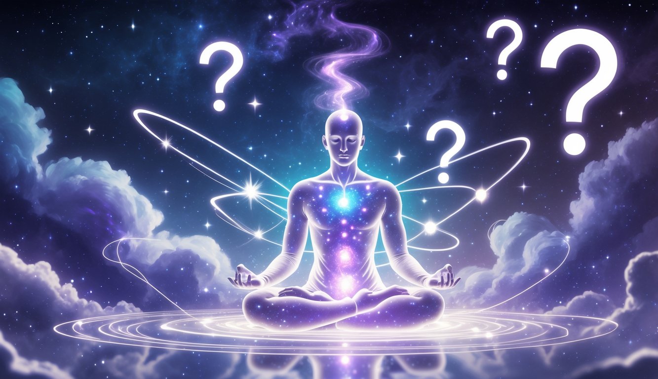 A glowing human figure meditating surrounded by swirling energy waves and question mark symbols in a cosmic star-filled background.