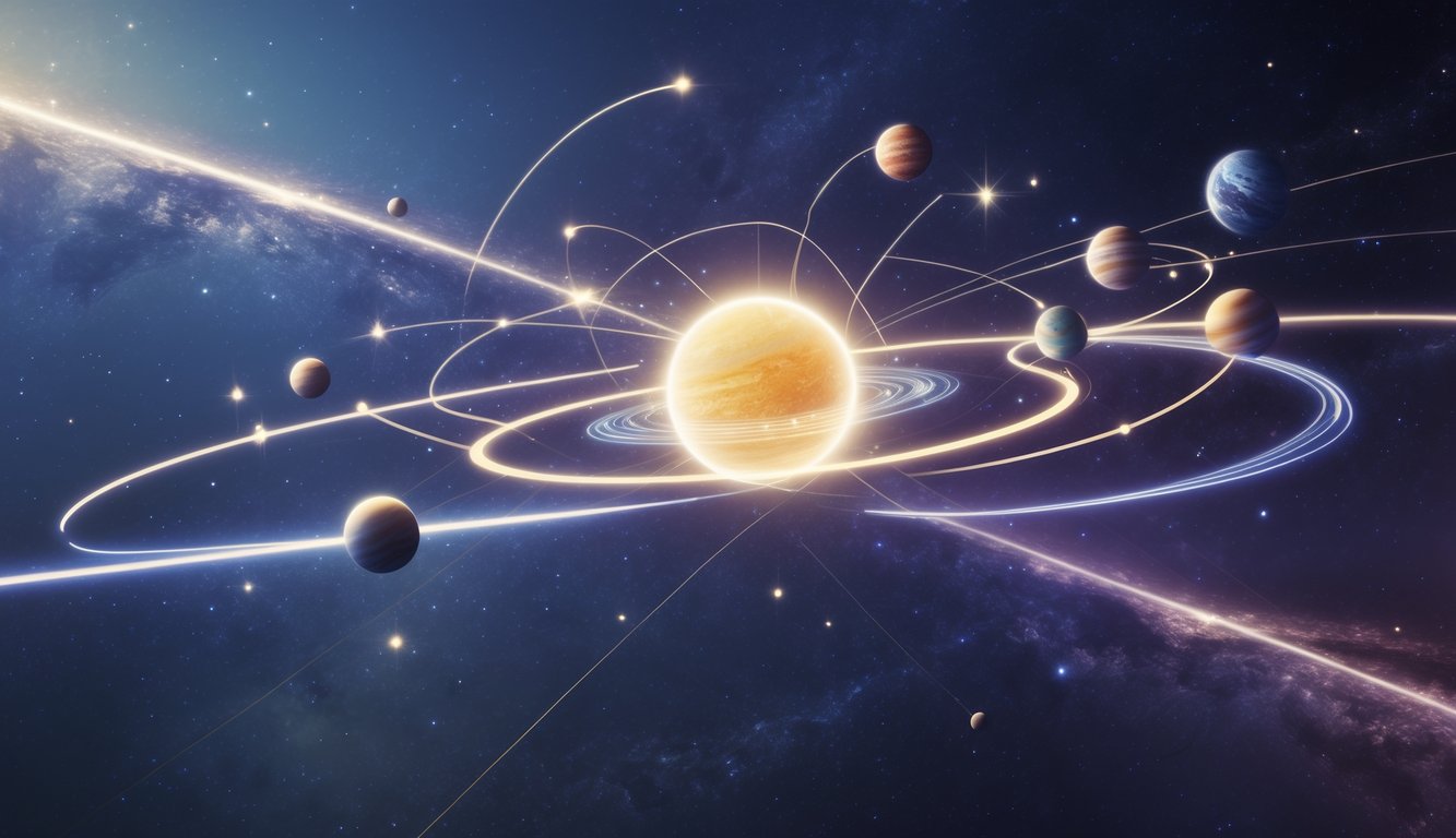 A cosmic scene showing a bright star attracting surrounding planets and celestial bodies connected by glowing lines representing gravitational forces.