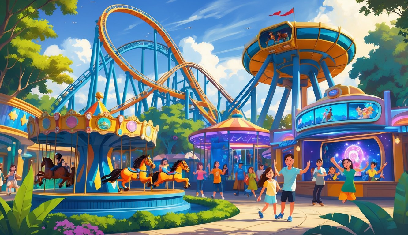 A lively amusement park scene with visitors enjoying a roller coaster, carousel, simulator ride, and a live performance on stage surrounded by greenery and decorative lights.