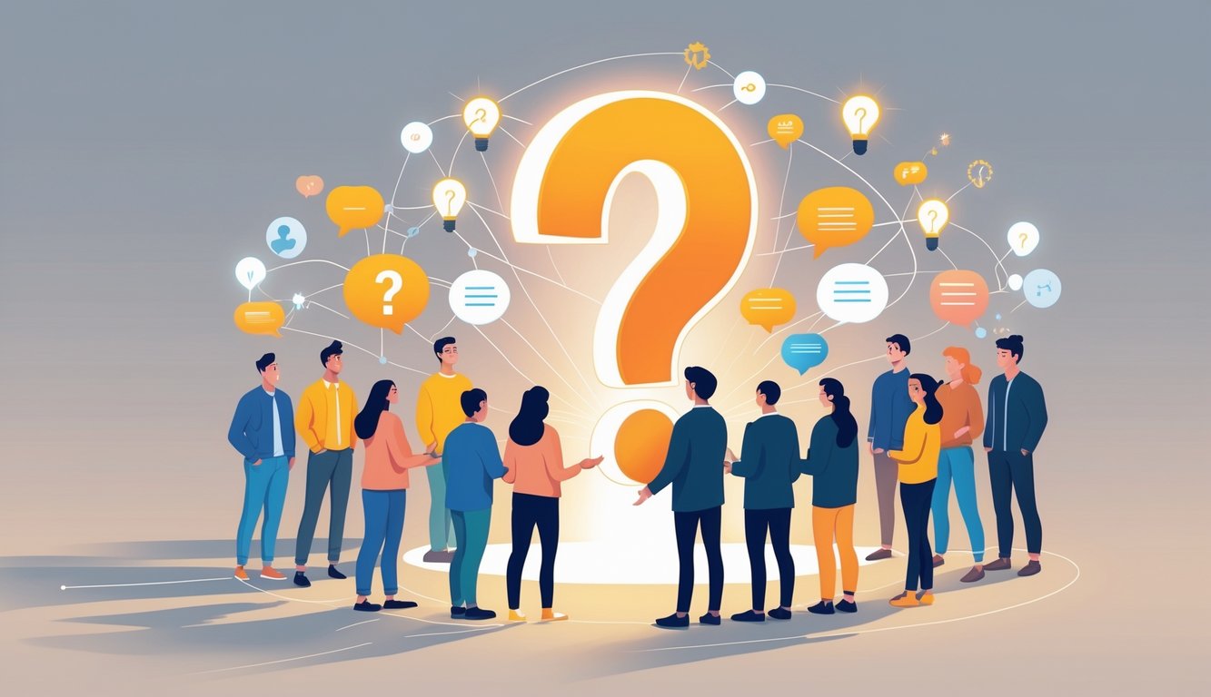 A group of diverse people gathered around a glowing question mark, connected by light beams and surrounded by icons representing communication and knowledge.